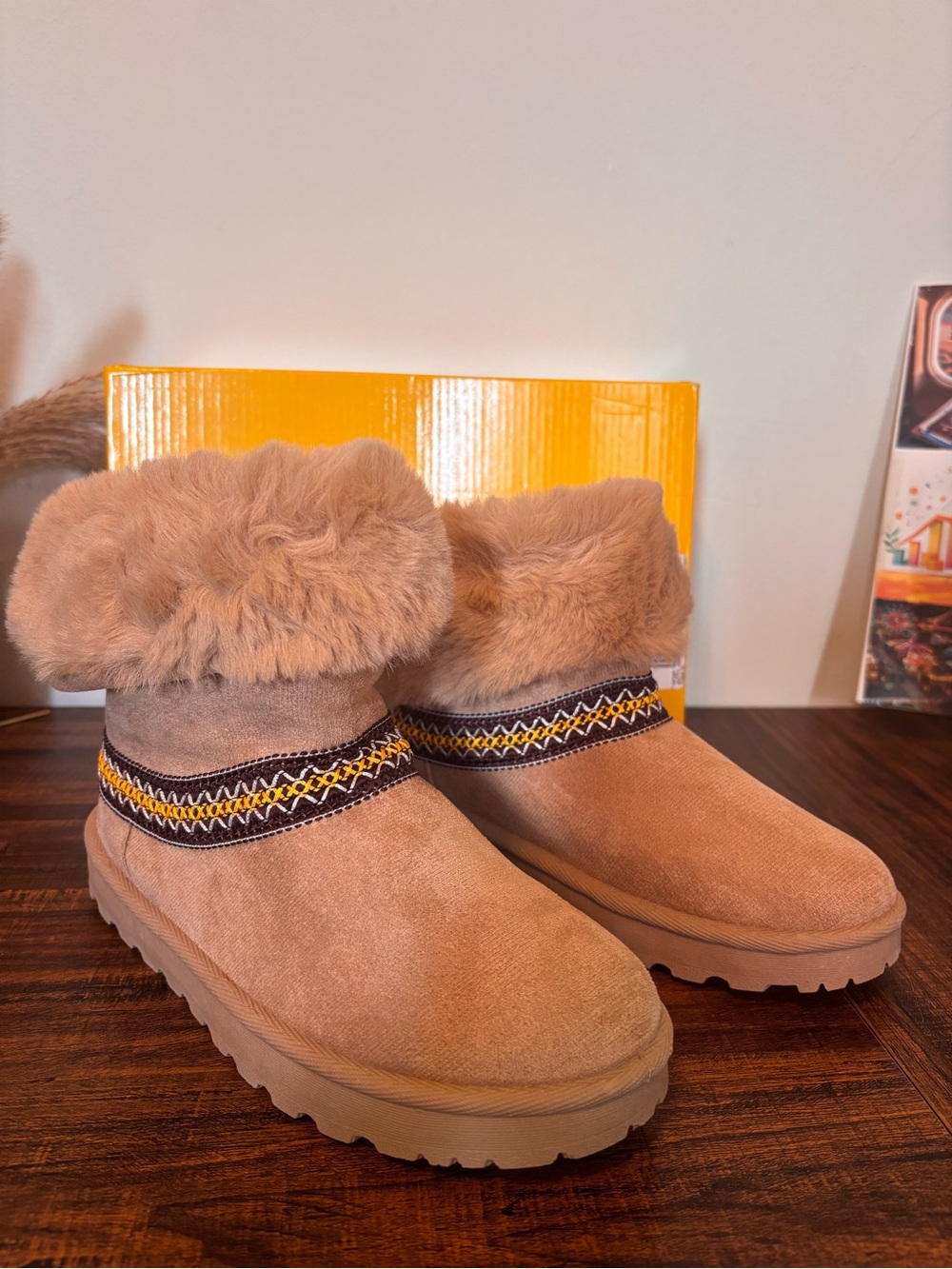 Women's Faux Fur Suede Ankle Slippers in Light Brown